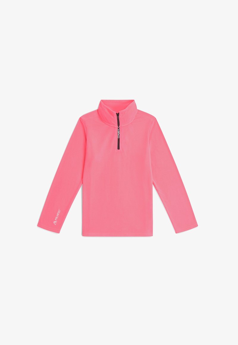 Roosa pika varrukaga pullover pehmest materjalist, millel on pool-zip krae ja sümboolika detailid varrukal. Sile tekstuur.