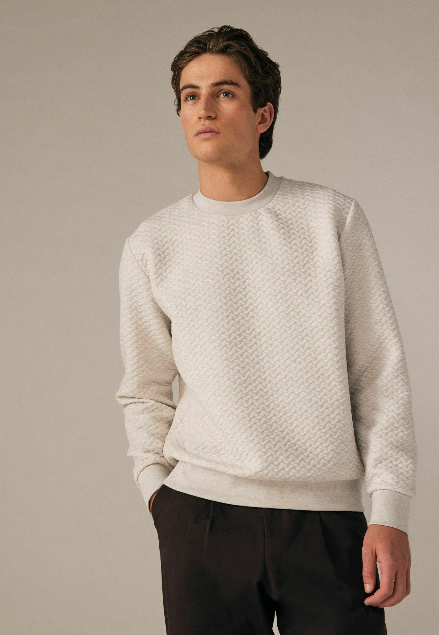 Felpa Uomo Crew Clothing A Righe Piqu&eacute;: Manica Lunga, Mezza Zip, Antracite/Ecru