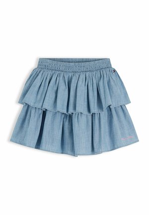 Jupe bleue à volants superposés avec taille élastique et logo Tommy Hilfiger brodé en bas à droite.