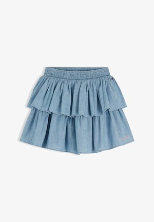 Falda azul con volantes en capas, banda elástica en la cintura y logo de Tommy Hilfiger bordado en el dobladillo inferior derecho.