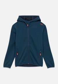 Μπλε φούτερ με κουκούλα που διαθέτει υφασμάτινη υφή, μπροστινό φερμουάρ και δύο πλαϊνές τσέπες με πορτοκαλί λεπτομέρειες. Ο σχεδιασμός είναι πλήρους φερμουάρ με άνετη εφαρμογή.