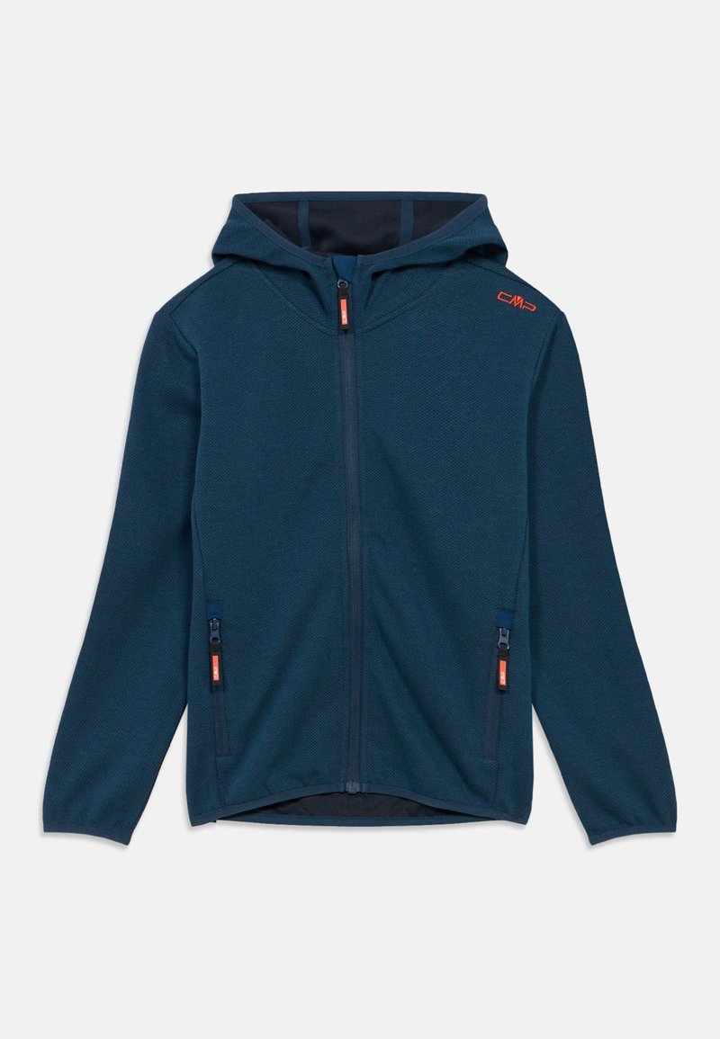 Μπλε φούτερ με κουκούλα που διαθέτει υφασμάτινη υφή, μπροστινό φερμουάρ και δύο πλαϊνές τσέπες με πορτοκαλί λεπτομέρειες. Ο σχεδιασμός είναι πλήρους φερμουάρ με άνετη εφαρμογή.