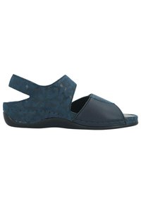 Blue and black sandals featuring a textured upper, open toe, and adjustable back strap. Rubber sole for flexibility and comfort.