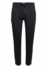 Černé slim-fit volnočasové kalhoty s předními kapsami, poutky na opasek a stahovací šňůrkou v pase na bílém pozadí.