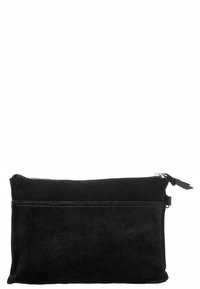 Czarna zamszowa sakiewka o gładkiej fakturze, z zamkiem błyskawicznym i przednią kieszenią. Zaokrąglone krawędzie i minimalistyczny design.