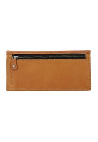 Tan leather wallet with a rectangular shape, featuring a black zipper and subtle stitching detail along the edges. Smooth texture.