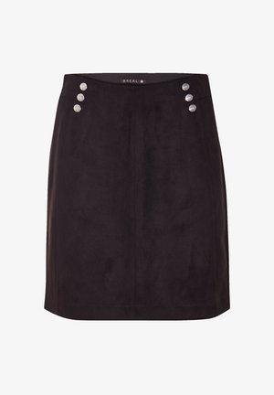 Black suede mini skirt featuring a fitted design and four decorative silver buttons on the left side near the waistband. Smooth texture.