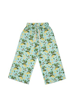 Light blue wide-leg pants with a lemon and green leaf print, elastic waistband, and white drawstring tie.