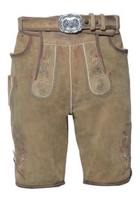 Bruna mockaläderhosen, knälånga med blombroderi i rosa och grönt, detaljerad sömnad och ett dekorativt silverbälte.