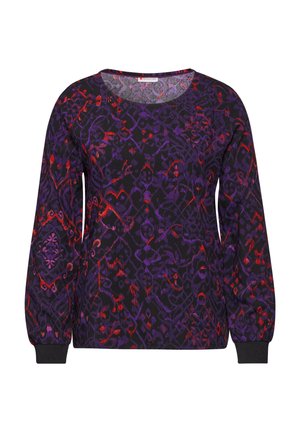 T-shirt à manches longues avec un fond noir présentant un motif abstrait audacieux en violet et rouge. Encolure dégagée et poignets élastiqués aux manches.