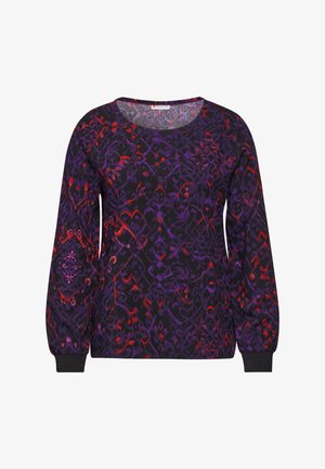 Długi rękaw z czarnym tłem, który zdobi odważny abstrakcyjny wzór w kolorze purpurowym i czerwonym. Dekolt w serek oraz elastyczne mankiety u rękawów.