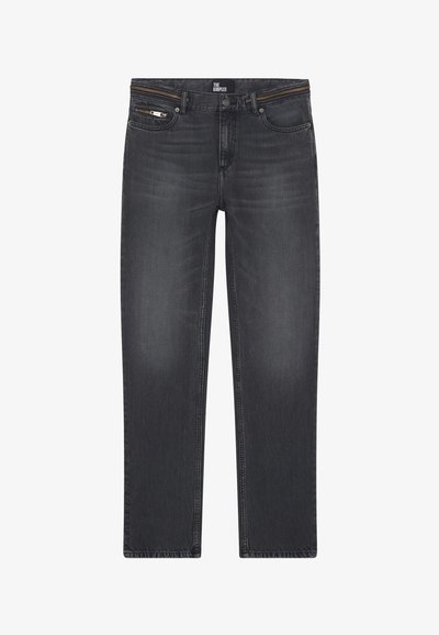 Dunkelgraue Denim-Jeans mit gerader Passform, ausgestattet mit einem Reißverschluss, fünf Taschen und kontrastierenden Nähdetails. Strukturierte Stoffoberfläche.