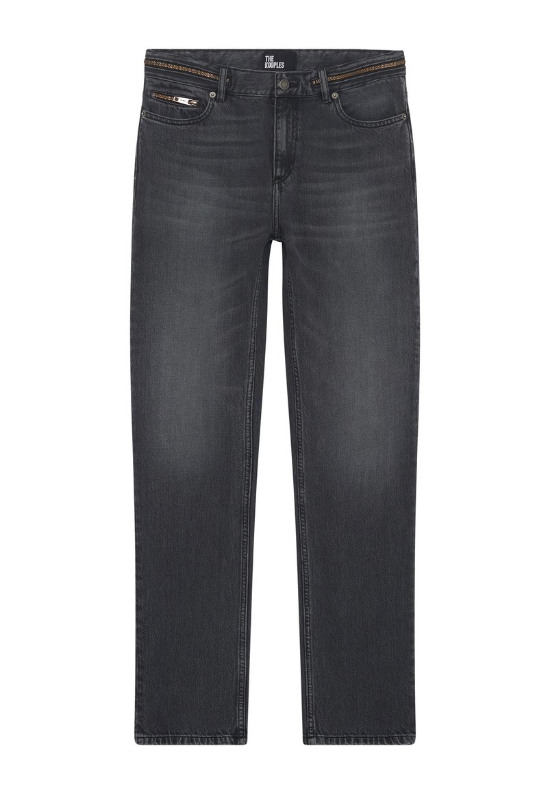 Dunkelgraue Denim-Jeans mit gerader Passform, ausgestattet mit einem Reißverschluss, fünf Taschen und kontrastierenden Nähdetails. Strukturierte Stoffoberfläche.