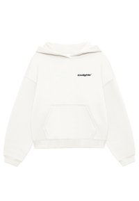 Άσπρη κουκούλα φτιαγμένη από μαλακό μείγμα βαμβακιού, με καγκουρό τσέπη και μικρό μαύρο λογότυπο "lowlights" στο στήθος. Χαλαρή εφαρμογή και ριμπ μανσέτες.