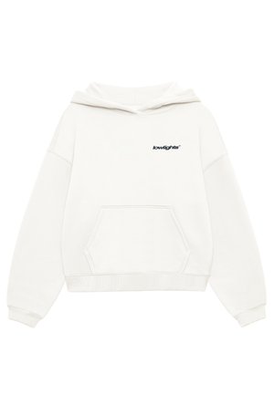 Sudadera blanca hecha de una suave mezcla de algodón, con un bolsillo canguro y un pequeño logotipo negro de "lowlights" en el pecho. Corte relajado y puños acanalados.