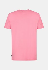 Kurzärmliges T-Shirt aus einfarbigem Baumwollstoff in Pink, mit klassischem Rundhalsausschnitt und normaler Passform. Enthält ein kleines Logo-Tag an der unteren Seite.