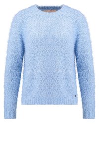 Pull en maille duveteuse bleu clair à manches longues et col rond, présenté sur un fond blanc.