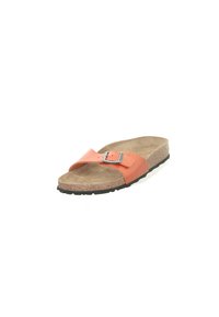Orange synthetic slide sandal with a wide strap and metallic buckle, cork footbed, and textured black rubber outsole.