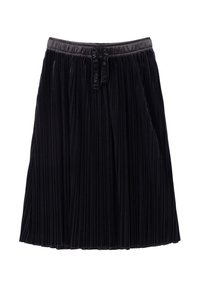 Gonna plissettata nera realizzata in morbido tessuto testurizzato, dotata di un elastico in vita con cordoncino e una leggera lucentezza su tutta la superficie.