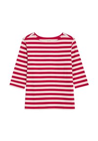 Rood-wit gestreepte t-shirt met driekwart mouwen, een ronde halslijn en een zachte, gladde textuur. Eenvoudig patroon over het hele shirt.