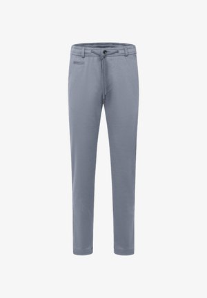 Hellgraue Hose aus weichem Stoff, mit einem Kordelzugbund, vorderen Taschen und schmal zulaufenden Beinen. Einfaches Design ohne Muster.