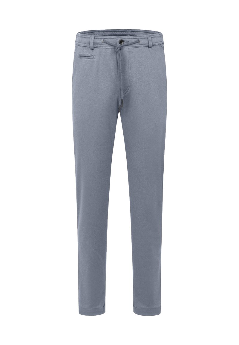 Hellgraue Hose aus weichem Stoff, mit einem Kordelzugbund, vorderen Taschen und schmal zulaufenden Beinen. Einfaches Design ohne Muster.
