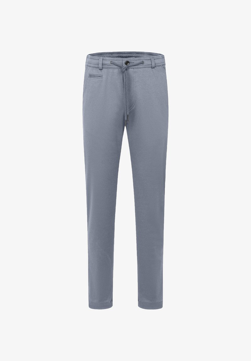 Hellgraue Hose aus weichem Stoff, mit einem Kordelzugbund, vorderen Taschen und schmal zulaufenden Beinen. Einfaches Design ohne Muster.