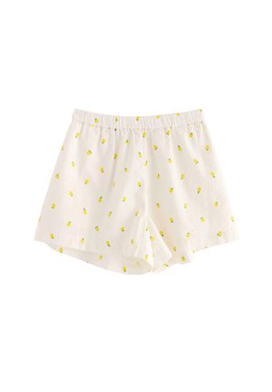 Hvide shorts med et citronmønster, der har en elastisk talje og et let, struktureret stof. Kort forneden med sideslids.