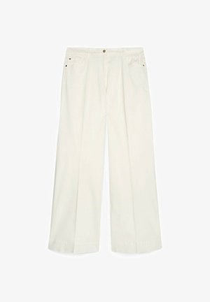 Pantalones blancos de pierna ancha con bolsillos delanteros, trabillas para cinturón y cierre de botón y cremallera, mostrados extendidos sobre un fondo blanco.