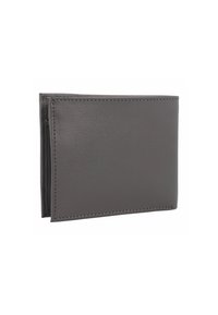 Portafoglio bifold in pelle grigio scuro con cuciture visibili sui bordi, chiuso e in piedi contro uno sfondo bianco.