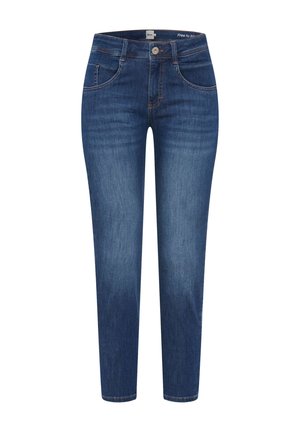 Mørkeblå denimjeans med lige bendesign, mellemhøj talje, fem lommer og knappelukning. Glat tekstur med subtil falming.
