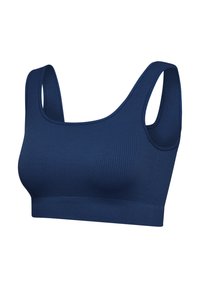 Mörkblå ribbad sport-bh med breda band, rund halsringning och en slät kant längst ner, designad för komfort och stöd.