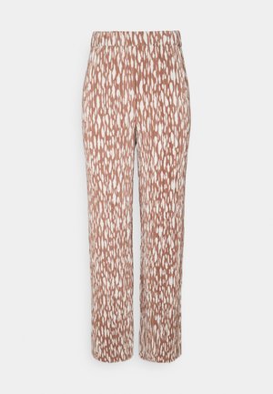 Pantalon droit à imprimé abstrait marron et blanc avec taille élastique et coupe décontractée.