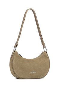 Borsa a spalla in suede verde oliva con forma curva, hardware in argento, chiusura con zip e tracolla piatta. Caratterizzata da un logo del marchio sul davanti.