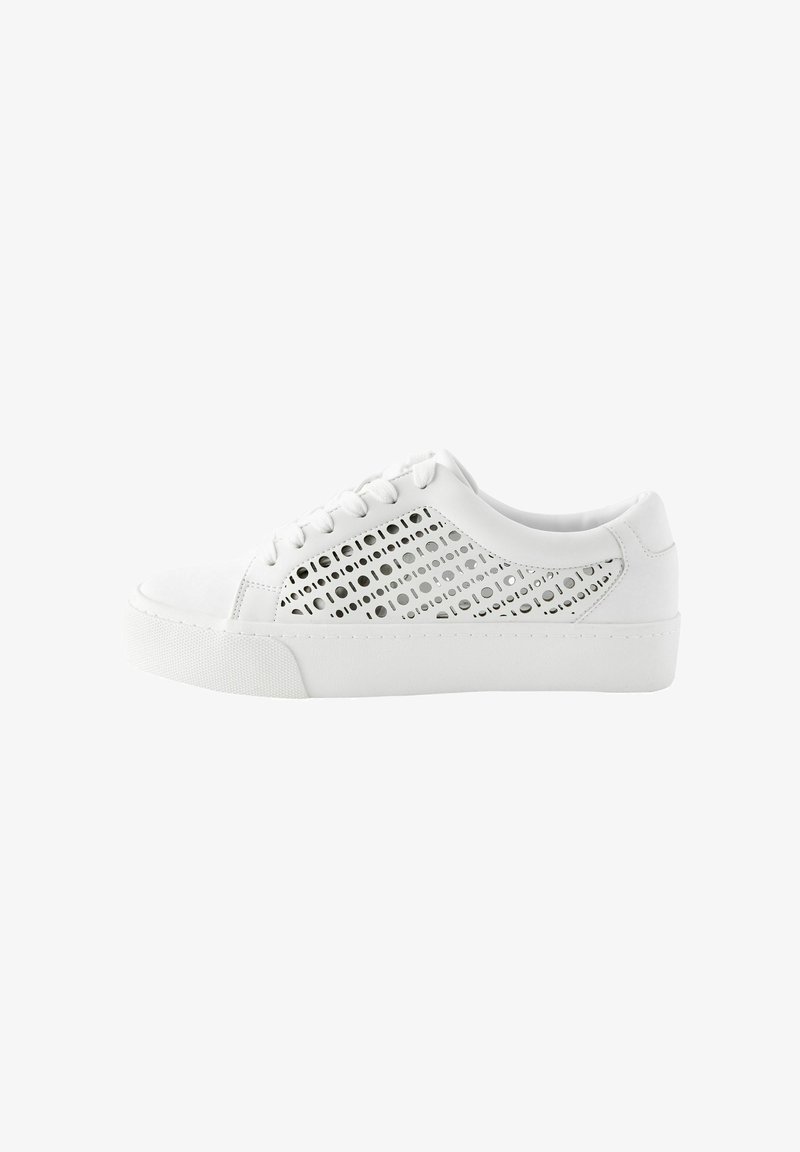 White sneaker with a smooth leather upper featuring circular cut-outs on the sides, round laces, and a textured rubber sole.