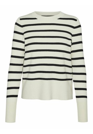 Kreemipesaga kampsun mustade horisontaalsete triipudega, pikad varrukad, ümar kaelus, soonilised mansetid ja alus. Pehme tekstuur ning lõdva istuvusega.