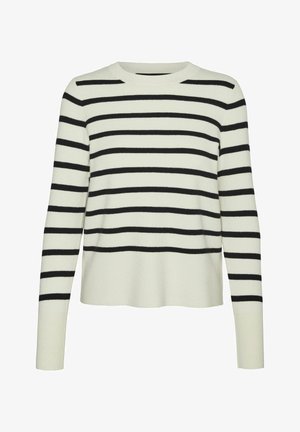 Kreemipesaga kampsun mustade horisontaalsete triipudega, pikad varrukad, ümar kaelus, soonilised mansetid ja alus. Pehme tekstuur ning lõdva istuvusega.