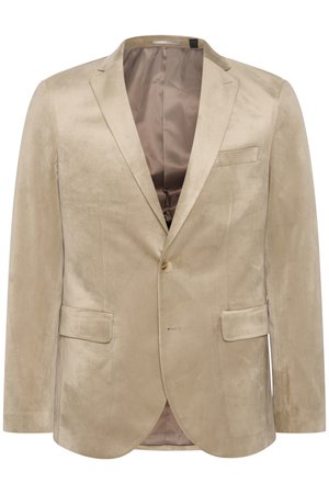 Blazer en velours beige avec un intérieur satiné, fermeture à un bouton, revers crantés et deux poches avant. Texture lisse avec un éclat subtil.