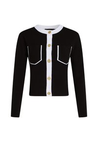Black cardigan with long sleeves, white button placket and outlined pockets. Features gold buttons and a ribbed white collar.