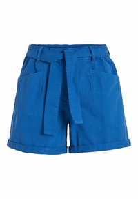 Blue linen shorts with a belted waist, two front pockets, cuffed hems, and a smooth texture. Features a tied belt and a tailored design.