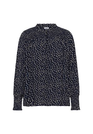 Tengerészkék blúz fehér pettyes mintával, hosszú ujjak, redőzött nyakkivágás és rugalmas mandzsetták. Könnyű, texturált anyag.