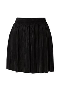 Zwarte geplooide rok met een elastische tailleband, gemaakt van een glanzend, lichtgewicht materiaal, met verticale lijntjespatronen over het geheel.