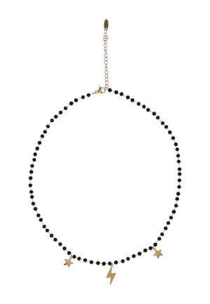 Zwarte kralenketting met gouden ster- en bliksempendel, voorzien van een verstelbare gouden ketting sluiting.