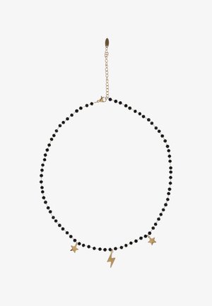 Collier noir orné de perles avec des pendentifs en forme d'étoile dorée et d'éclair, équipé d'une chaîne réglable en or.
