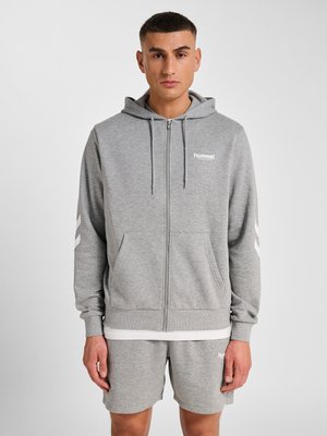 Młody mężczyzna stoi, ubrany w szarą bluzę z kapturem na suwak z troczkami oraz dopasowane szare szorty, na jednolitym jasnym tle.