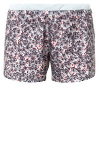 Herrsportshorts med svart och vit blommönster och små röda prickar, med en vit midjeband och Salomon-logotyp på benet.