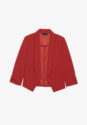 Rød blazer i glatt stoff, med sjalkrage, trekvartlange ermer og åpen frontdesign. Ingen lukking.