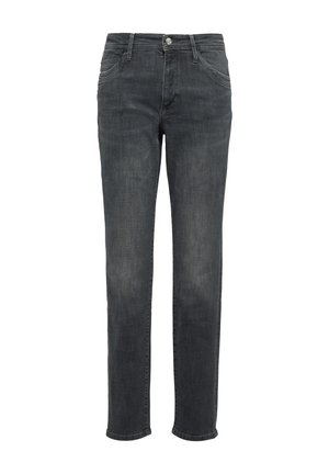Graue Denim-Jeans mit geradem Bein, ausgestattet mit Fronttaschen, einem einzelnen Knopfverschluss und dezenten Verwaschungen im gesamten Stoff.
