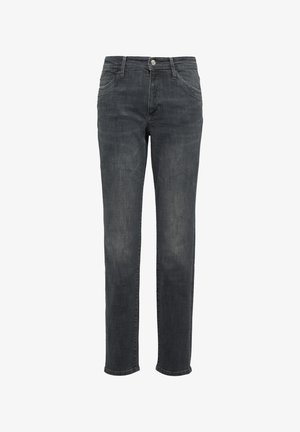 Grey denim jeans with a straight leg design, featuring front pockets, a single button fly, and subtle fade detailing throughout.