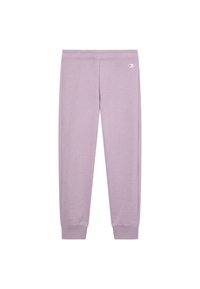 Helle lila Jogginghosen mit elastischem Bund und Bündchen, die ein kleines Champion-Logo in der oberen rechten Hüfte zeigen.